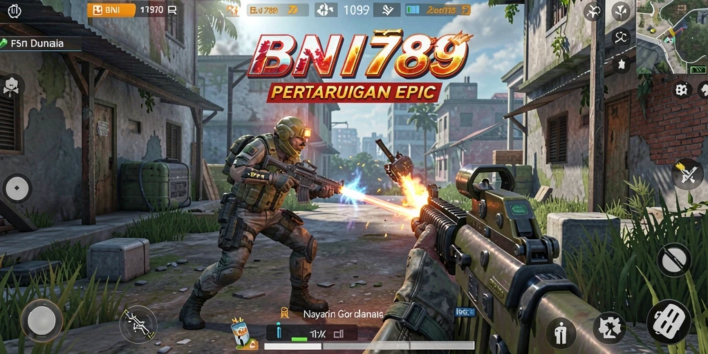 Tangkapan layar utama BNI789 yang menunjukkan aksi intens dalam gameplay FPS.