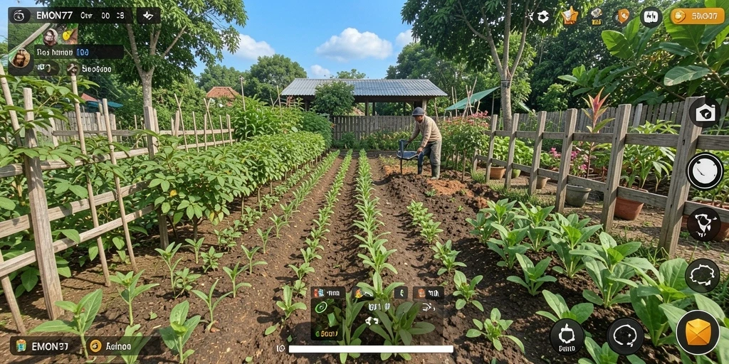Tampilan gameplay EMON77 menunjukkan suasana berkebun yang asri dan interaktif.