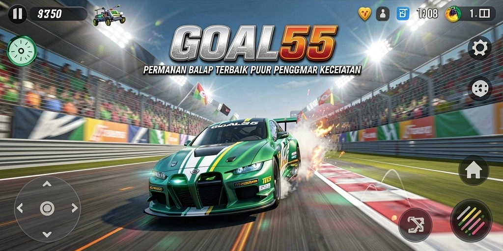 Screenshot gameplay <strong>GOAL55</strong> menampilkan aksi balapan cepat dan mobil kustomisasi.