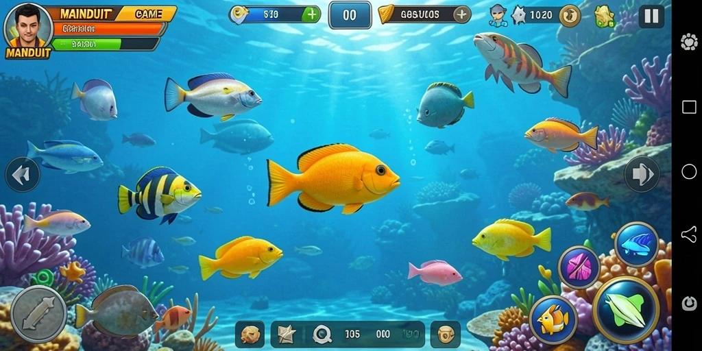 Gameplay MAINDUIT menampilkan aksi seru menangkap ikan di lautan.