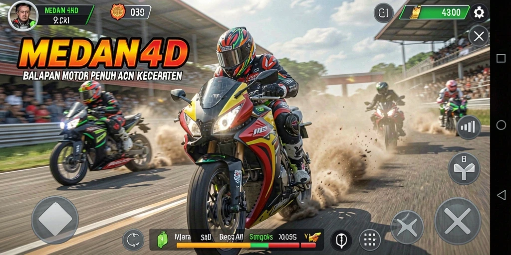 Screenshot menunjukkan balapan motor dengan grafis luar biasa dan aksi cepat.