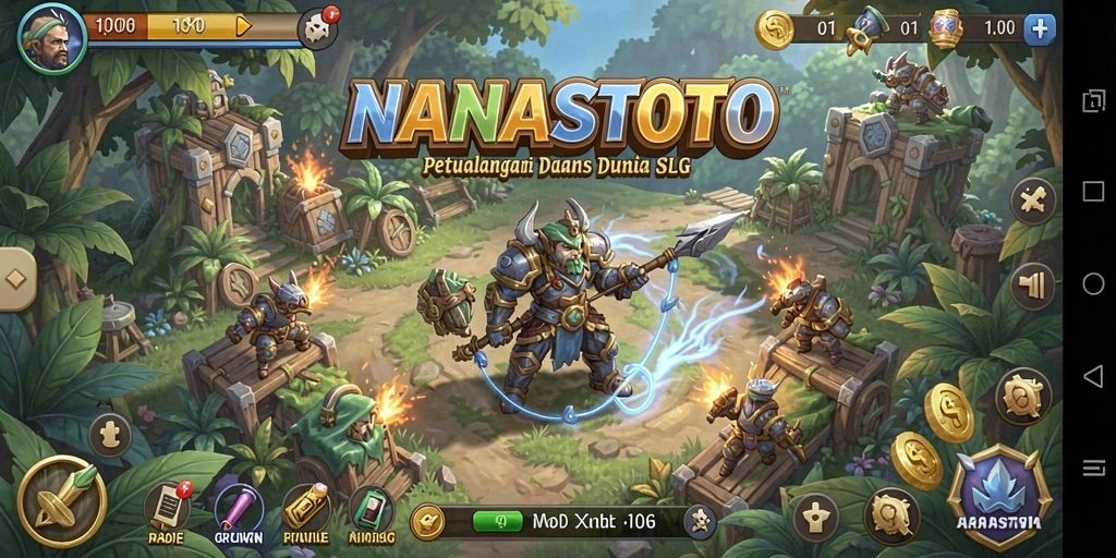 Screenshot gameplay NANASTOTO menunjukkan pertempuran yang epik dalam dunia SLG.