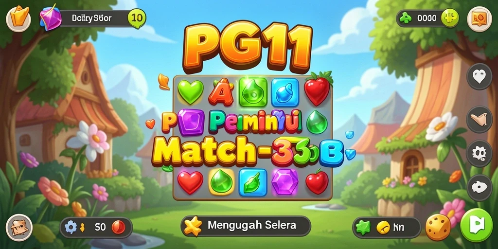 Tampilan gameplay Match-3 PG11 yang seru dan penuh warna.