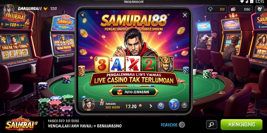 Screenshot gameplay SAMURAI88 menunjukkan dealer yang profesional dan suasana kasino yang hidup.