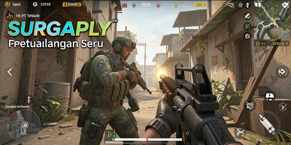 Screenshot utama SURGAPLY menampilkan aksi pertempuran seru dalam game FPS.