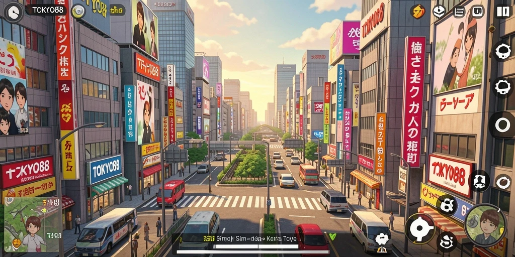 Tangkapan layar gameplay TOKYO88 dengan suasana kota Tokyo yang menawan.